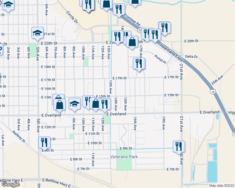 map of restaurants, bars, coffee shops, grocery stores, and more near 1514 14th Avenue in Scottsbluff