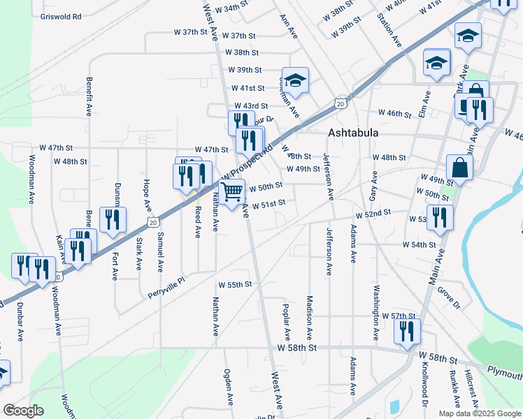 map of restaurants, bars, coffee shops, grocery stores, and more near 5016 West Avenue in Ashtabula