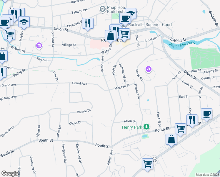 map of restaurants, bars, coffee shops, grocery stores, and more near 51 Vernon Avenue in Vernon