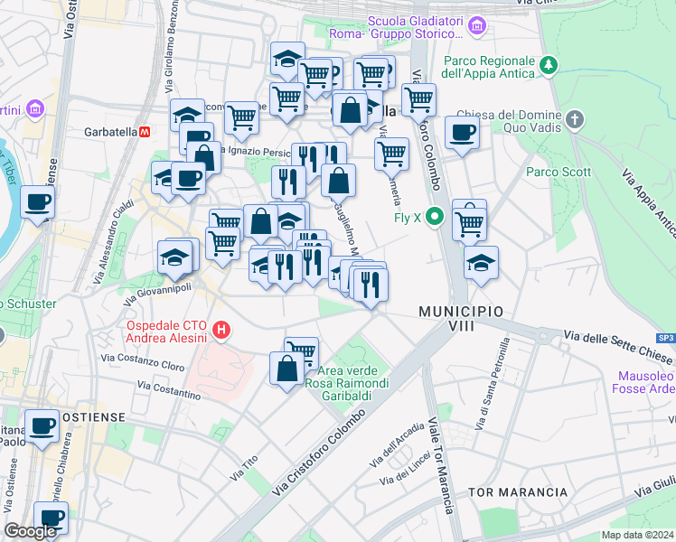 map of restaurants, bars, coffee shops, grocery stores, and more near 4 Via Pasquale Tosi in Rome