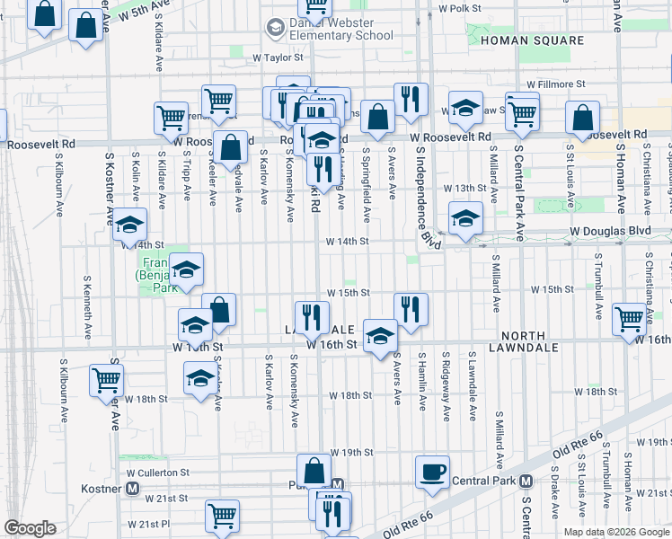map of restaurants, bars, coffee shops, grocery stores, and more near 1415 South Pulaski Road in Chicago