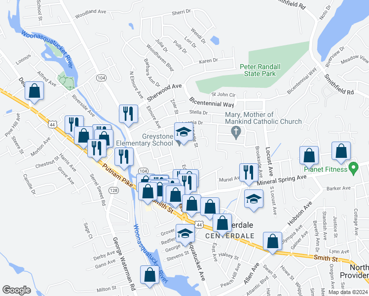 map of restaurants, bars, coffee shops, grocery stores, and more near 100 Morgan Avenue in North Providence
