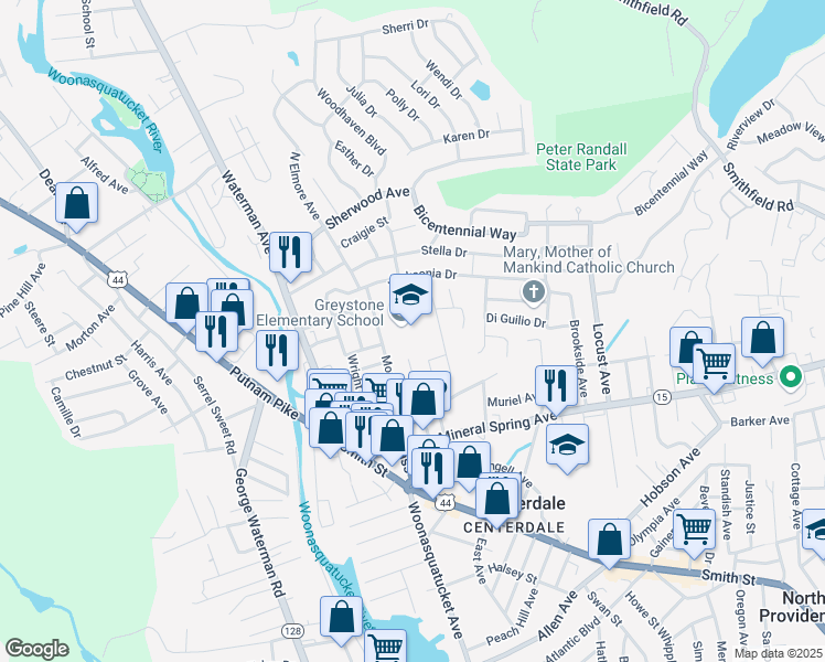 map of restaurants, bars, coffee shops, grocery stores, and more near 100 Morgan Avenue in North Providence