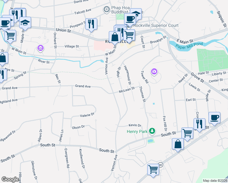 map of restaurants, bars, coffee shops, grocery stores, and more near 61 Vernon Avenue in Vernon
