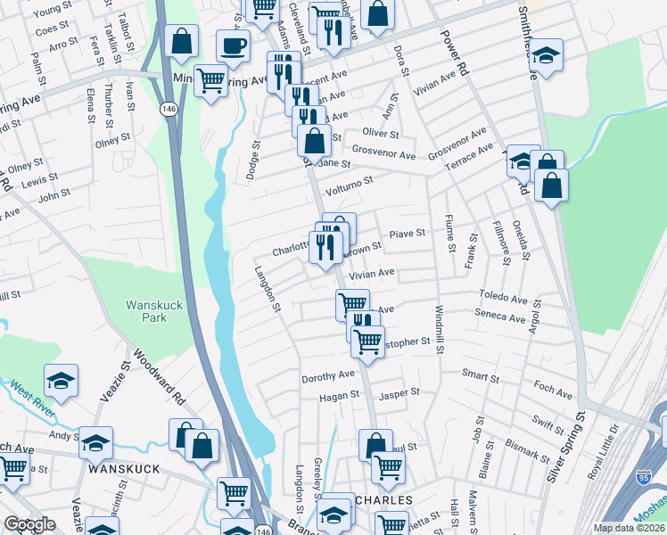 map of restaurants, bars, coffee shops, grocery stores, and more near 888 Charles Street in North Providence