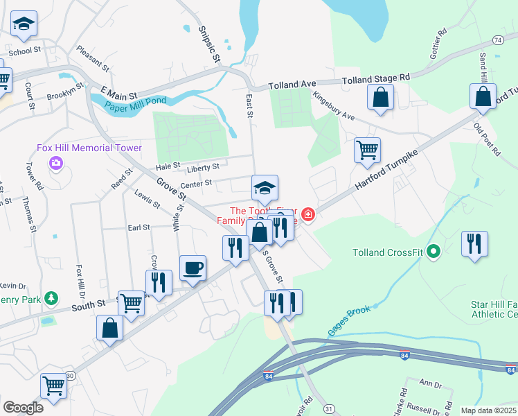 map of restaurants, bars, coffee shops, grocery stores, and more near 69 East Street in Vernon
