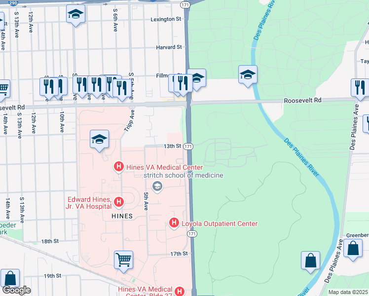 map of restaurants, bars, coffee shops, grocery stores, and more near 2160 South 1st Avenue in Maywood