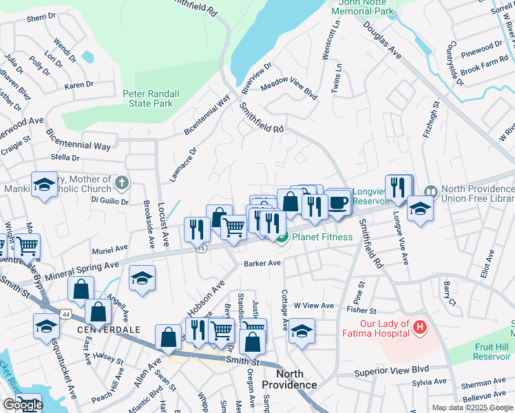 map of restaurants, bars, coffee shops, grocery stores, and more near 380 Sunset Avenue in North Providence