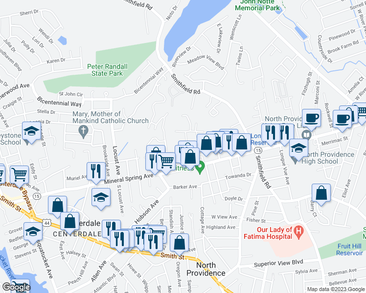 map of restaurants, bars, coffee shops, grocery stores, and more near 380 Sunset Avenue in Providence