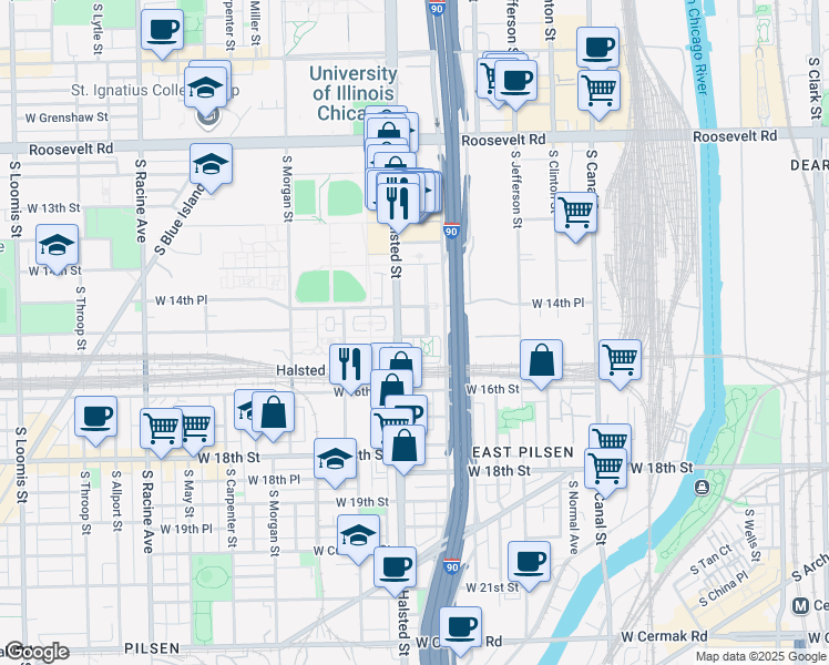 map of restaurants, bars, coffee shops, grocery stores, and more near 736 West 15th Street in Chicago