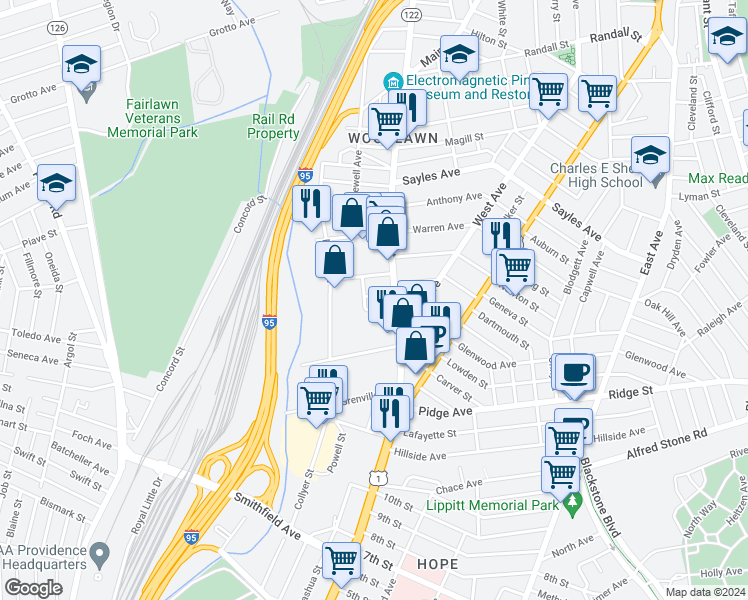 map of restaurants, bars, coffee shops, grocery stores, and more near 15 Marion Terrace in Pawtucket