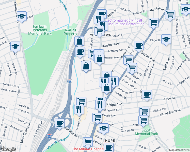 map of restaurants, bars, coffee shops, grocery stores, and more near 15 Marion Terrace in Pawtucket