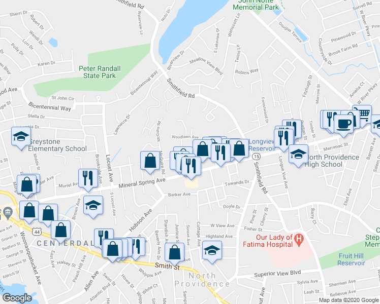 map of restaurants, bars, coffee shops, grocery stores, and more near 379 Sunset Avenue in North Providence