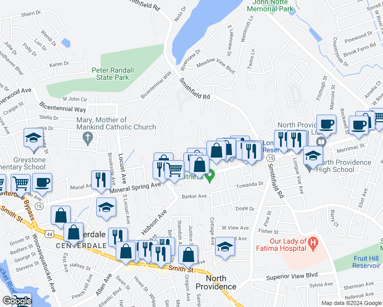 map of restaurants, bars, coffee shops, grocery stores, and more near 379 Sunset Avenue in North Providence