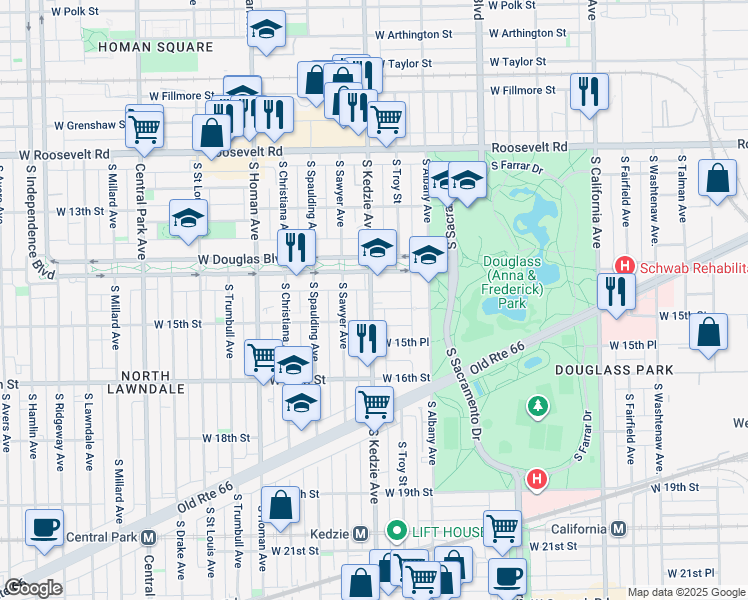 map of restaurants, bars, coffee shops, grocery stores, and more near 3147 West Douglas Boulevard in Chicago