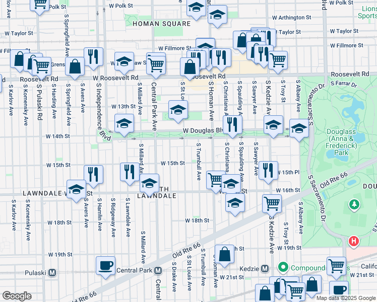 map of restaurants, bars, coffee shops, grocery stores, and more near 3449 West Douglas Boulevard in Chicago
