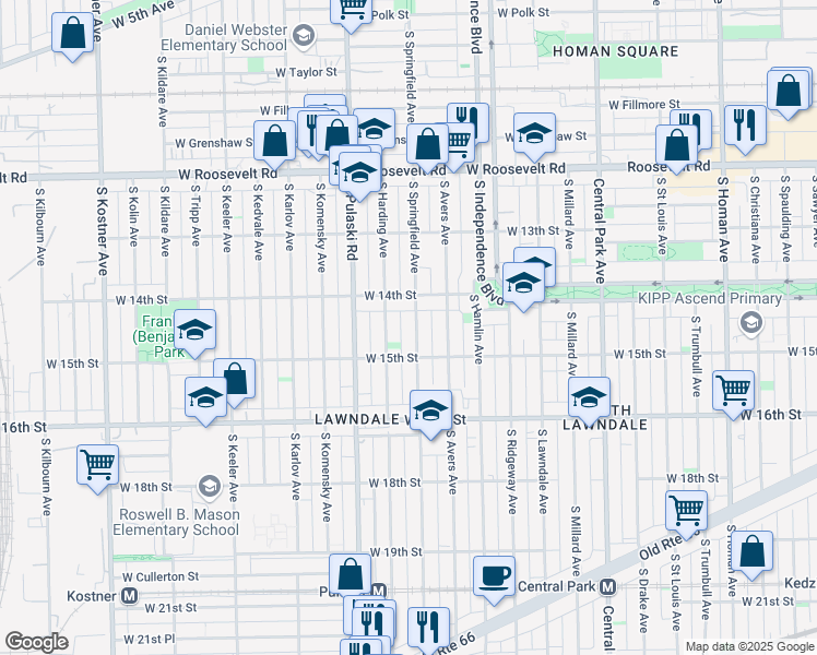 map of restaurants, bars, coffee shops, grocery stores, and more near 1416 South Springfield Avenue in Chicago