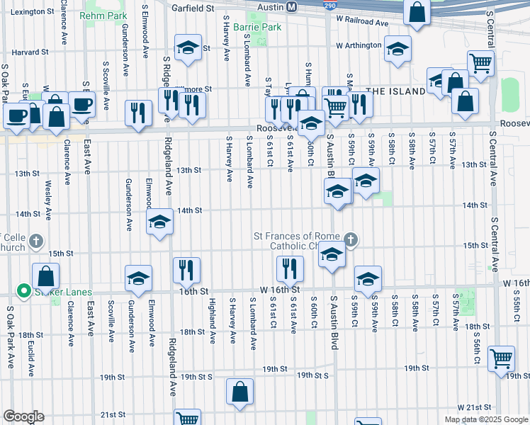 map of restaurants, bars, coffee shops, grocery stores, and more near 1341 South Lombard Avenue in Cicero