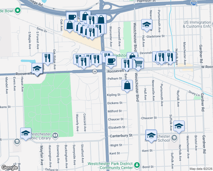 map of restaurants, bars, coffee shops, grocery stores, and more near 1235 South Mannheim Road in Westchester