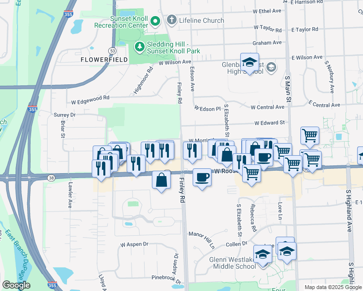 map of restaurants, bars, coffee shops, grocery stores, and more near 2 Finley Road in Lombard