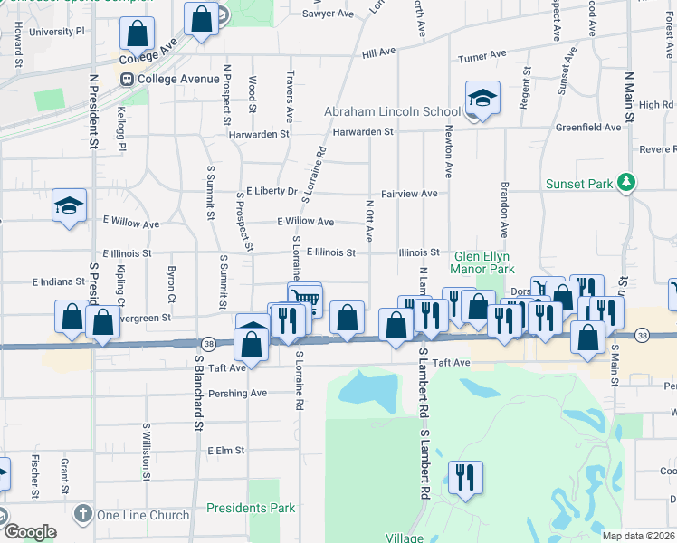 map of restaurants, bars, coffee shops, grocery stores, and more near 1912 East Illinois Street in Wheaton