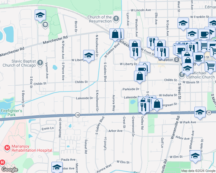 map of restaurants, bars, coffee shops, grocery stores, and more near 403 South Gables Boulevard in Wheaton