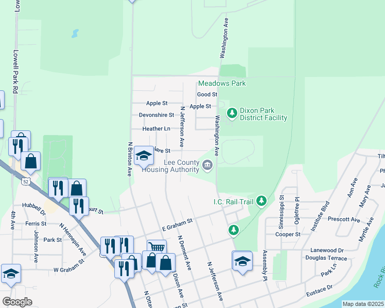 map of restaurants, bars, coffee shops, grocery stores, and more near 617 Marclare Street in Dixon