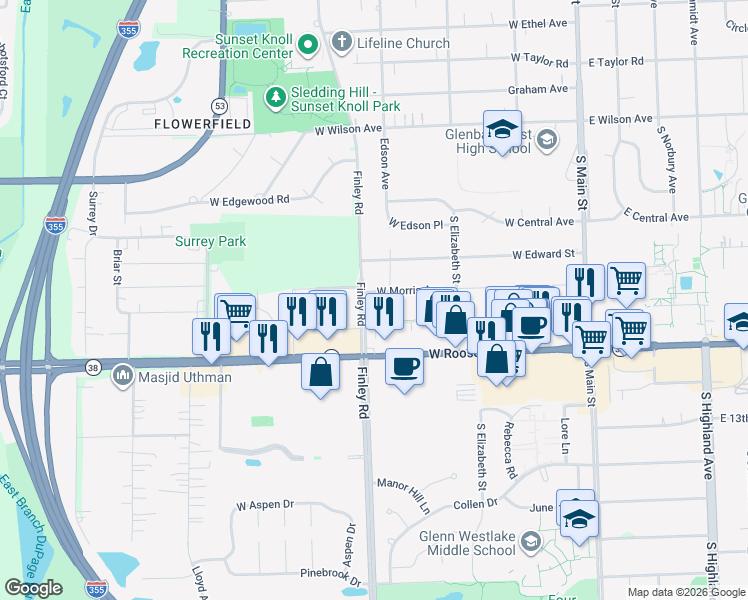 map of restaurants, bars, coffee shops, grocery stores, and more near 1151 South Finley Road in Lombard