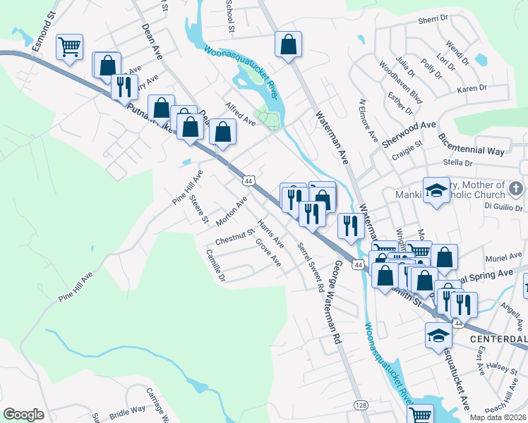 map of restaurants, bars, coffee shops, grocery stores, and more near 90 Putnam Pike in Johnston