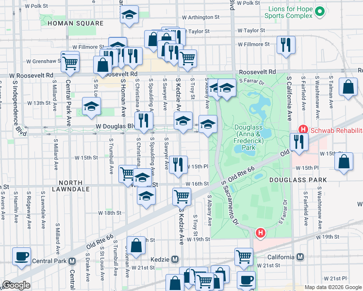 map of restaurants, bars, coffee shops, grocery stores, and more near 3147 West Douglas Boulevard in Chicago