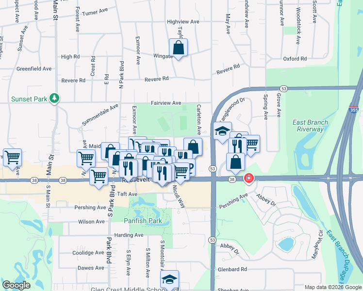 map of restaurants, bars, coffee shops, grocery stores, and more near 800 Roosevelt Road in Glen Ellyn