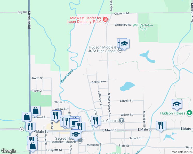 map of restaurants, bars, coffee shops, grocery stores, and more near 771 Jefferson Street in Hudson