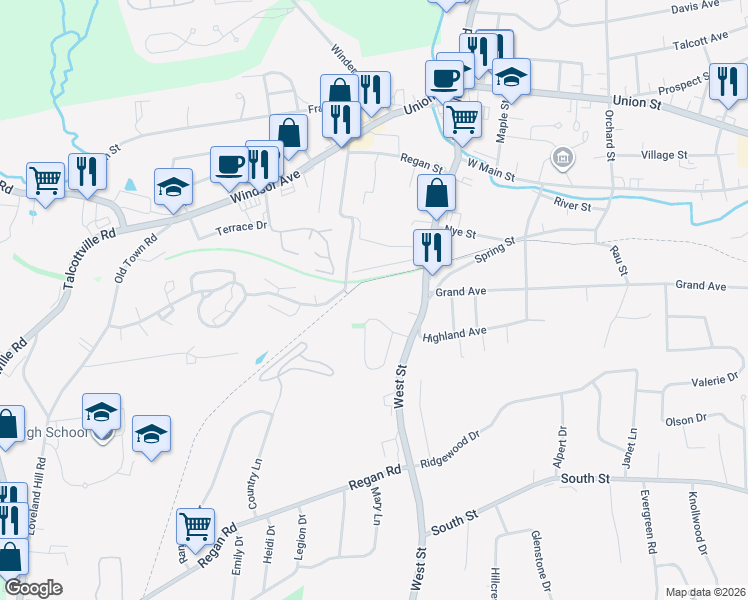 map of restaurants, bars, coffee shops, grocery stores, and more near 100 West Street in Vernon