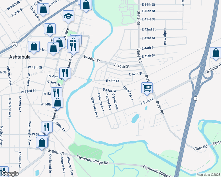 map of restaurants, bars, coffee shops, grocery stores, and more near 1519 East 49th Street in Ashtabula