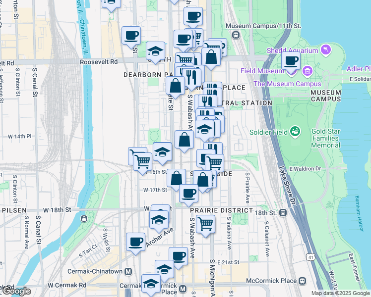 map of restaurants, bars, coffee shops, grocery stores, and more near 1457 South Wabash Avenue in Chicago