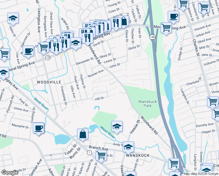 map of restaurants, bars, coffee shops, grocery stores, and more near 420 Woodward Road in North Providence
