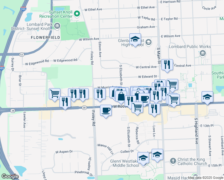 map of restaurants, bars, coffee shops, grocery stores, and more near 329 West Morris Avenue in Lombard