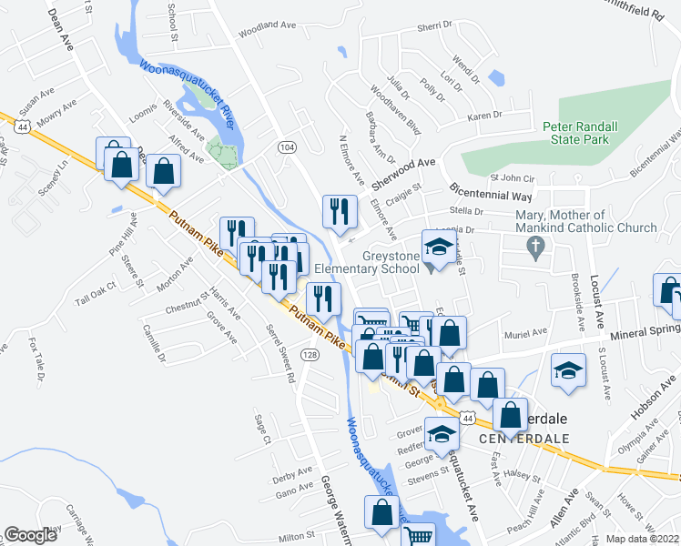 map of restaurants, bars, coffee shops, grocery stores, and more near 83 Waterman Avenue in North Providence