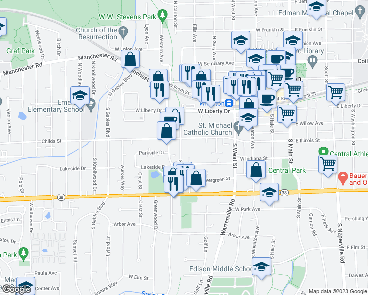 map of restaurants, bars, coffee shops, grocery stores, and more near 401 South Carlton Avenue in Wheaton