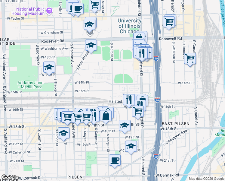 map of restaurants, bars, coffee shops, grocery stores, and more near S Morgan St & W 15th St in Chicago