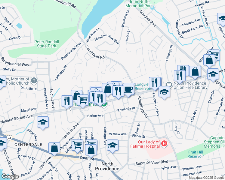 map of restaurants, bars, coffee shops, grocery stores, and more near 27 Elizabeth Drive in North Providence