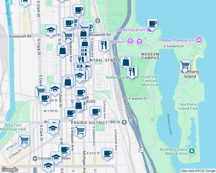 map of restaurants, bars, coffee shops, grocery stores, and more near 1515 South Prairie Avenue in Chicago