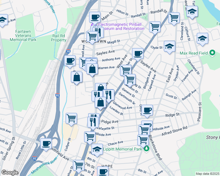 map of restaurants, bars, coffee shops, grocery stores, and more near 127 Trenton Street in Pawtucket
