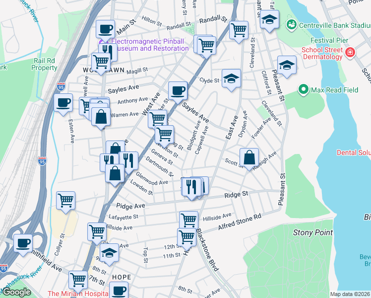 map of restaurants, bars, coffee shops, grocery stores, and more near 27 Sterling Street in Pawtucket
