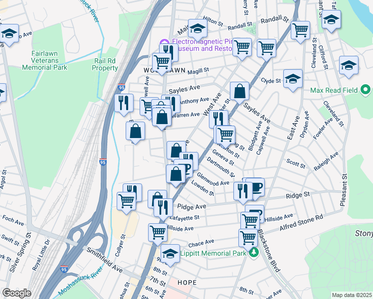 map of restaurants, bars, coffee shops, grocery stores, and more near 510 West Avenue in Pawtucket