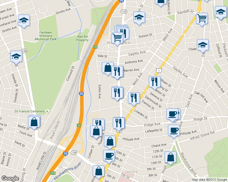 map of restaurants, bars, coffee shops, grocery stores, and more near 15 Marion Terrace in Pawtucket