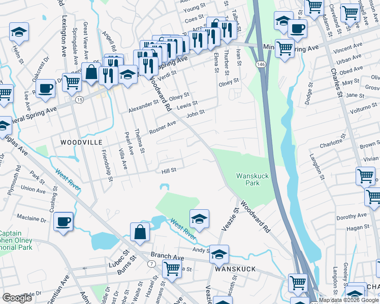 map of restaurants, bars, coffee shops, grocery stores, and more near 416 Woodward Road in North Providence