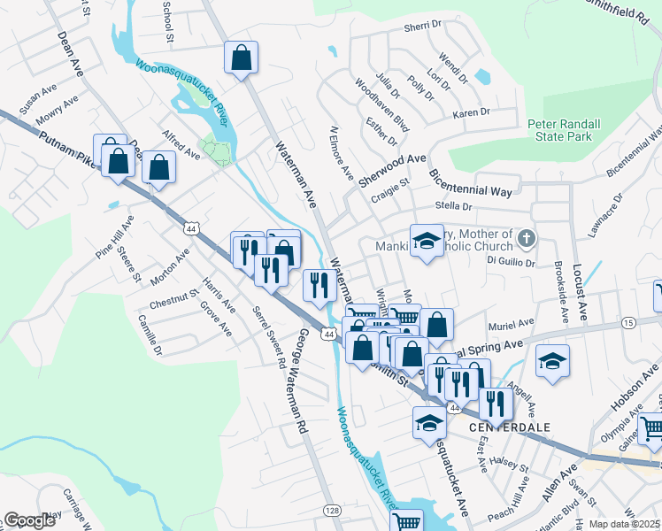 map of restaurants, bars, coffee shops, grocery stores, and more near 83 Waterman Avenue in North Providence