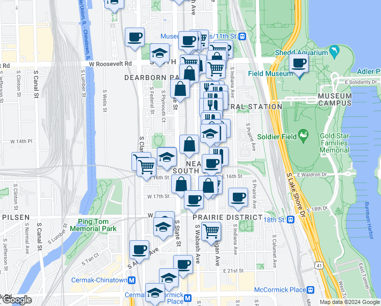 map of restaurants, bars, coffee shops, grocery stores, and more near 1457 South Wabash Avenue in Chicago
