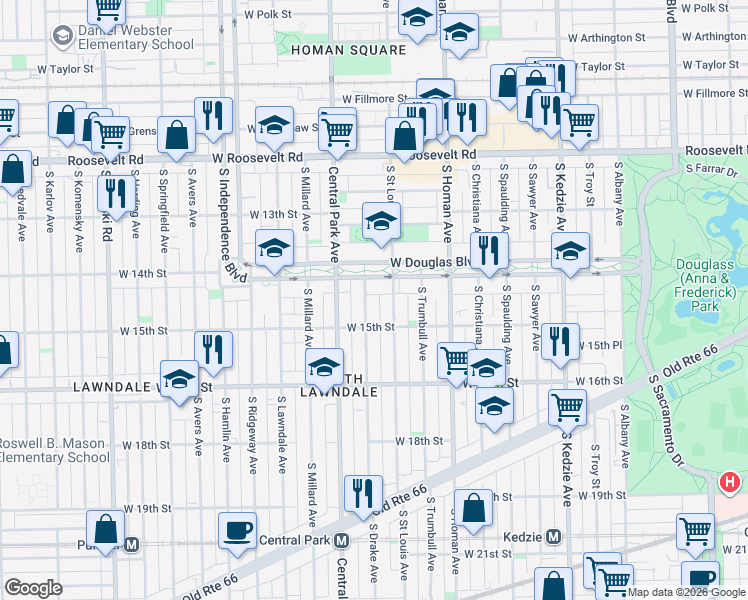 map of restaurants, bars, coffee shops, grocery stores, and more near 1409 South Drake Avenue in Chicago
